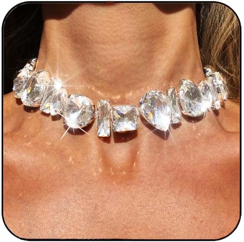 JONKY Rhinestone Choker Necklace Silver Big Diamond Jewelry for Women - Image 1